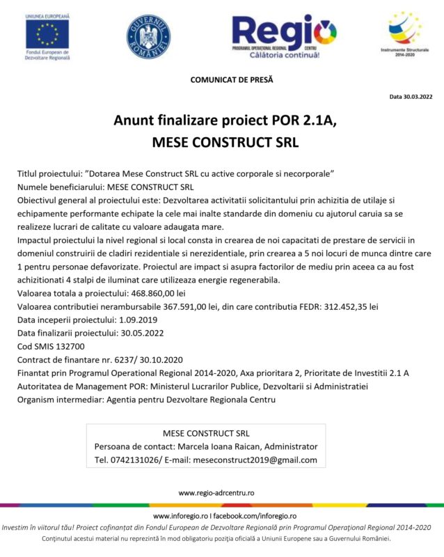 Anunt finalizare proiect POR 2.1A, MESE CONSTRUCT SRL (P)